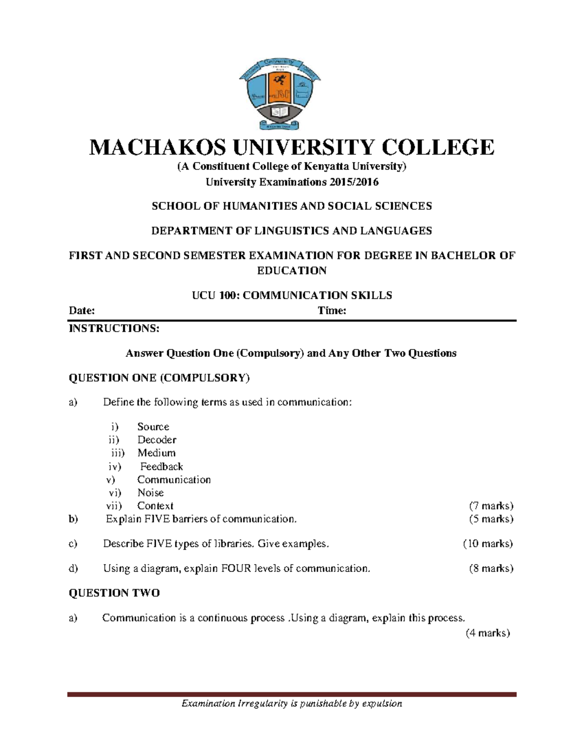 UCU 100: Communication Skills Exam - August 2016 - Studocu