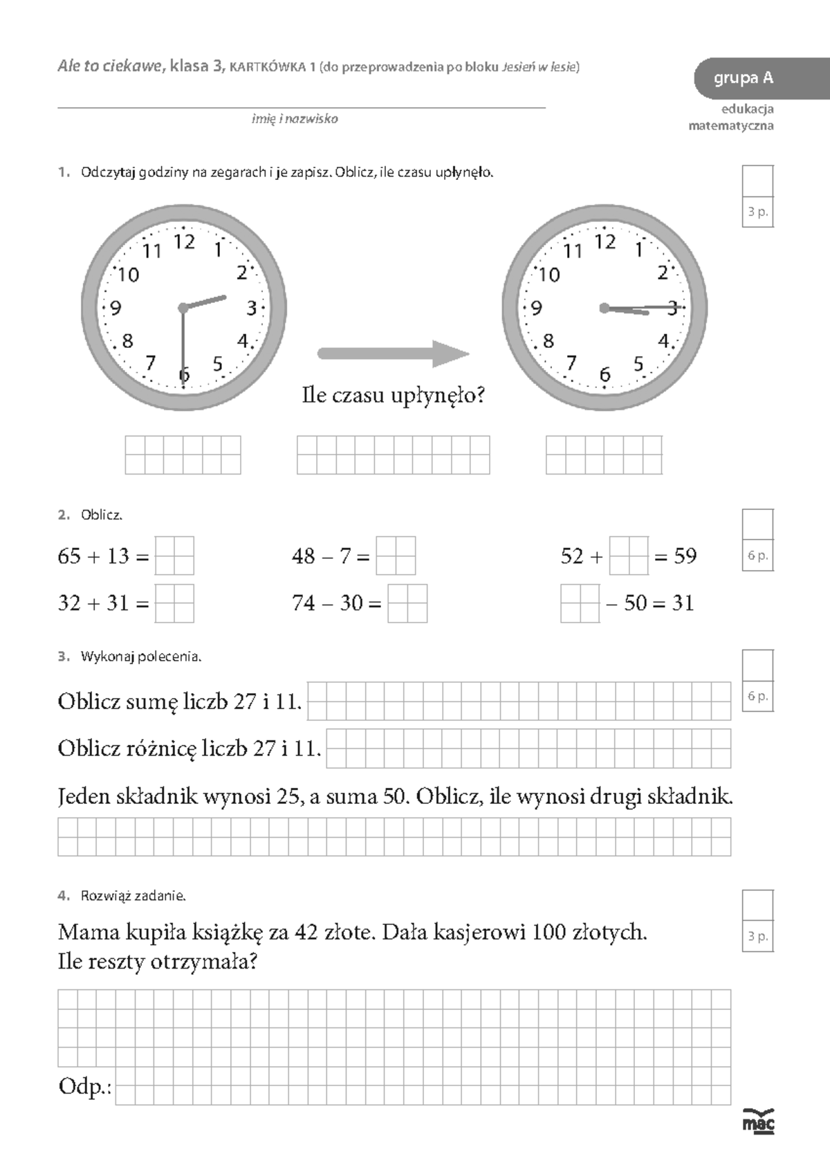 Kartkówka 1 - Edukacja Matematyczna Klasa 3, Grupa A - Studocu