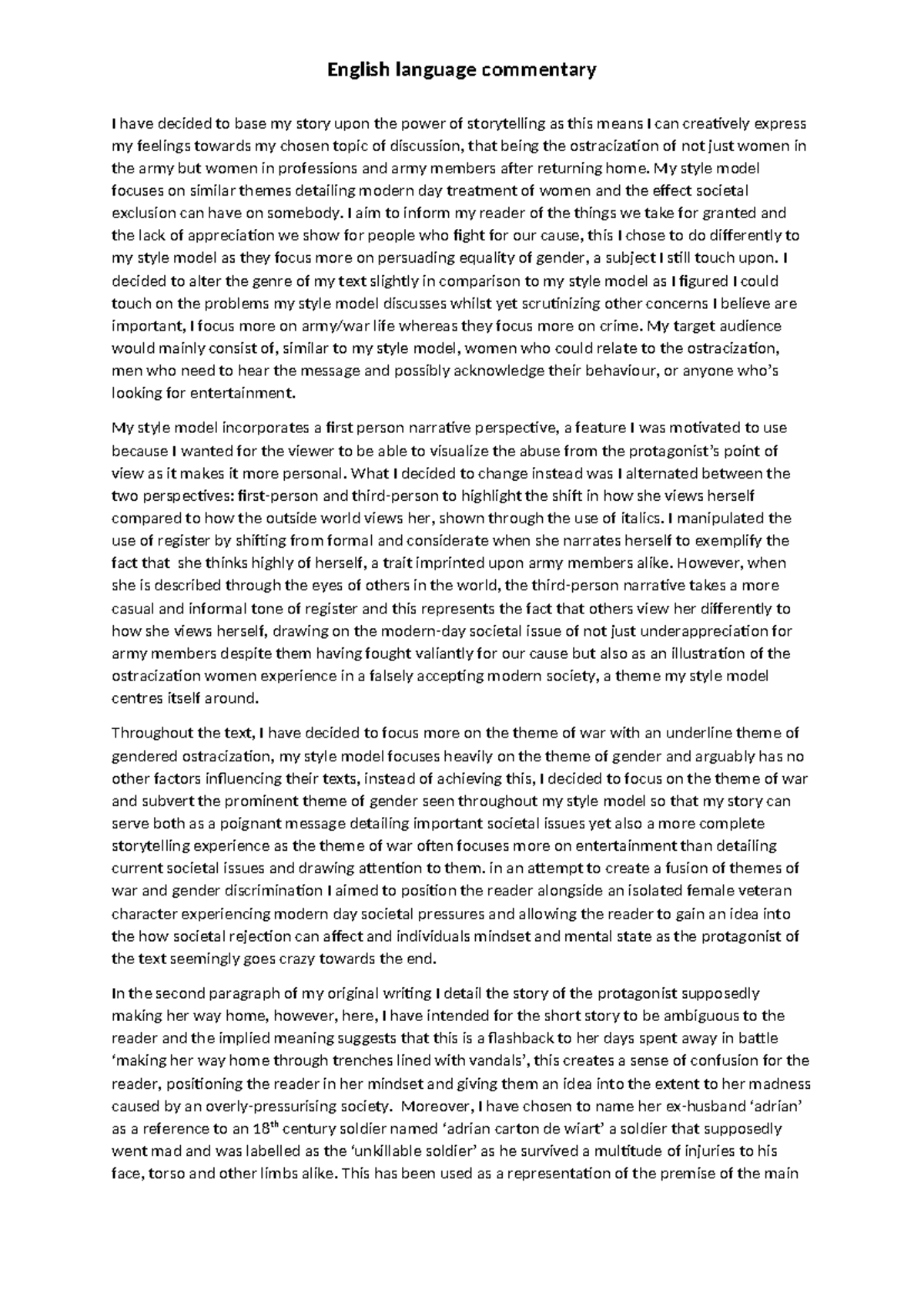 A Level English Language Commentary on Gender and War Themes - Studocu