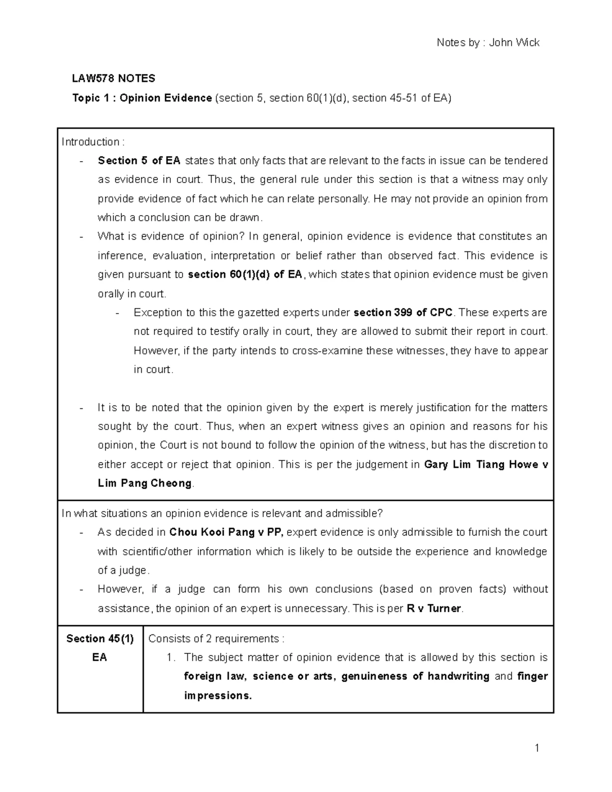 LAW578 Evidence II: Tutorial on Opinion Evidence from Weeks 3-14 - Studocu