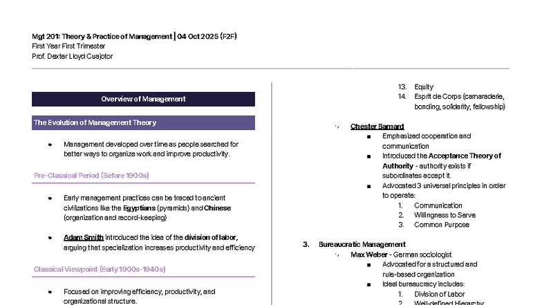 MGT 201: Overview of Management Theories and Practices - Studocu