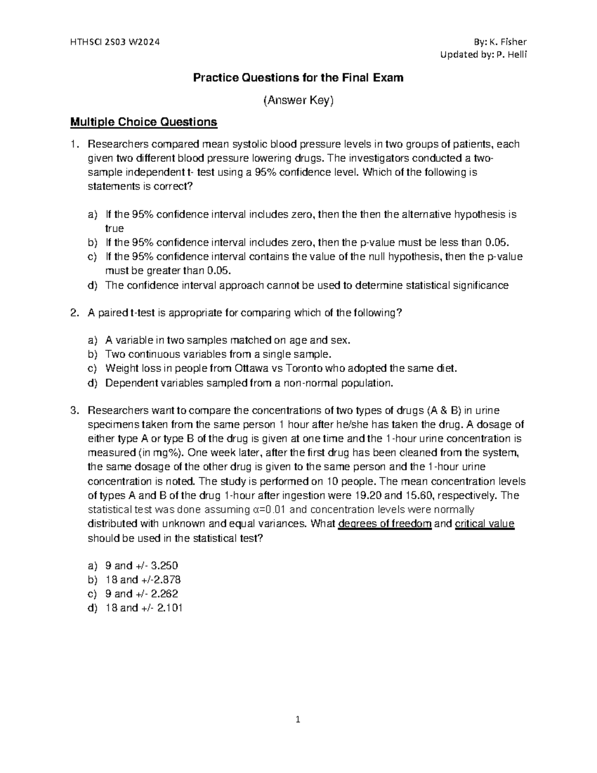 Mock Final Exam Answers and Key for Course HLT-101 - Studocu