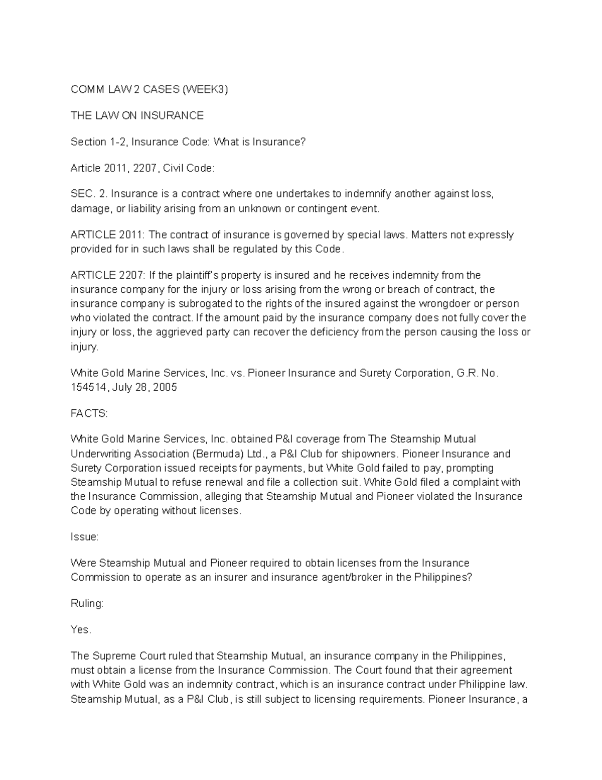 COMM LAW 2 CASES (WEEK 3) - INSURANCE LAW ANALYSIS - Studocu