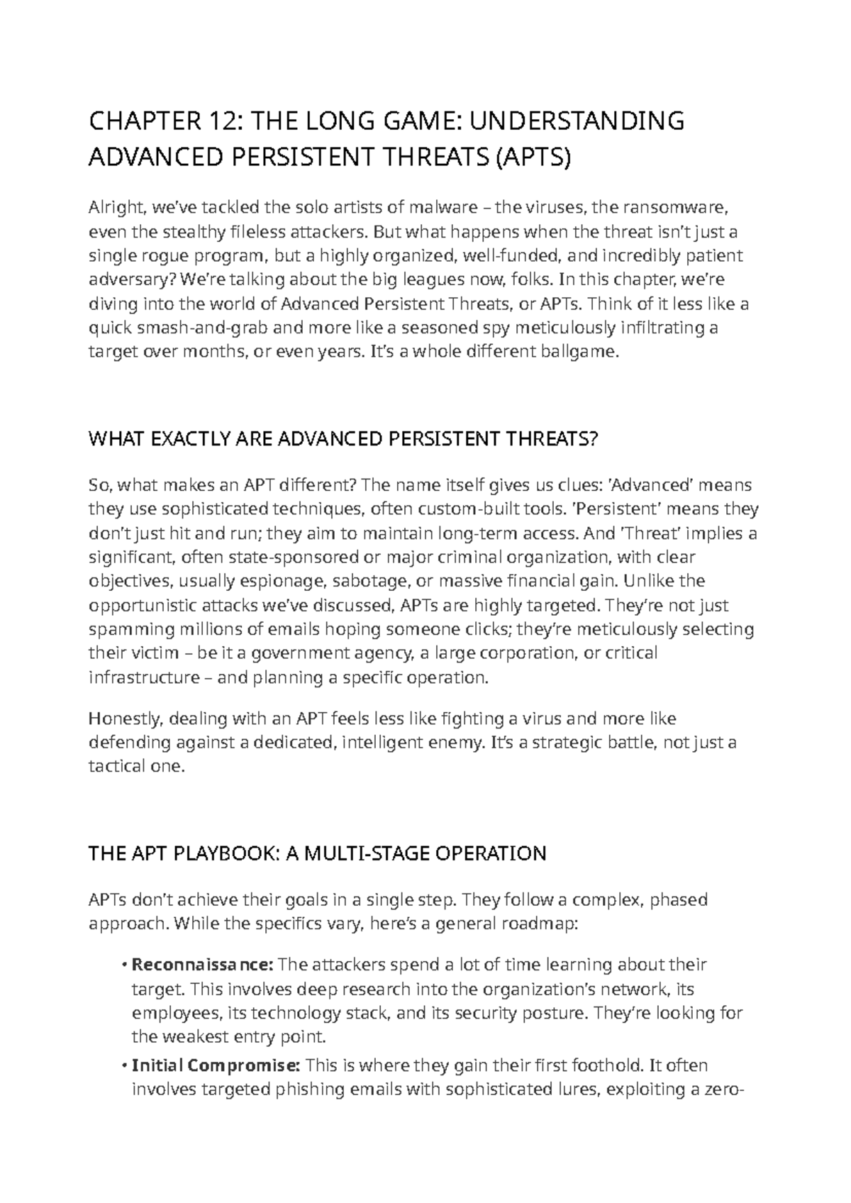 CHAPTER 12: UNDERSTANDING ADVANCED PERSISTENT THREATS (APTs) - Studocu
