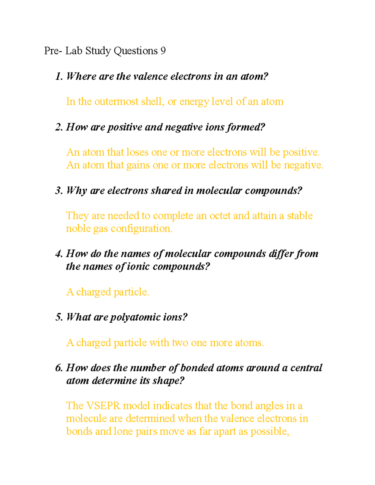 Pre-Lab Questions for Chem 124A Lab - Study Guide 9 - Studocu