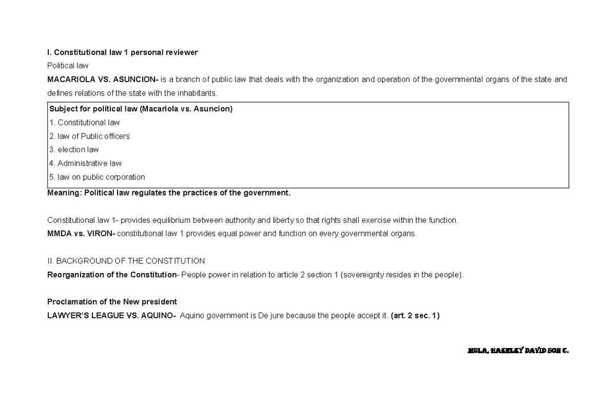 Constitutional LAW 1: Key Concepts and Legal Principles Reviewer - Studocu