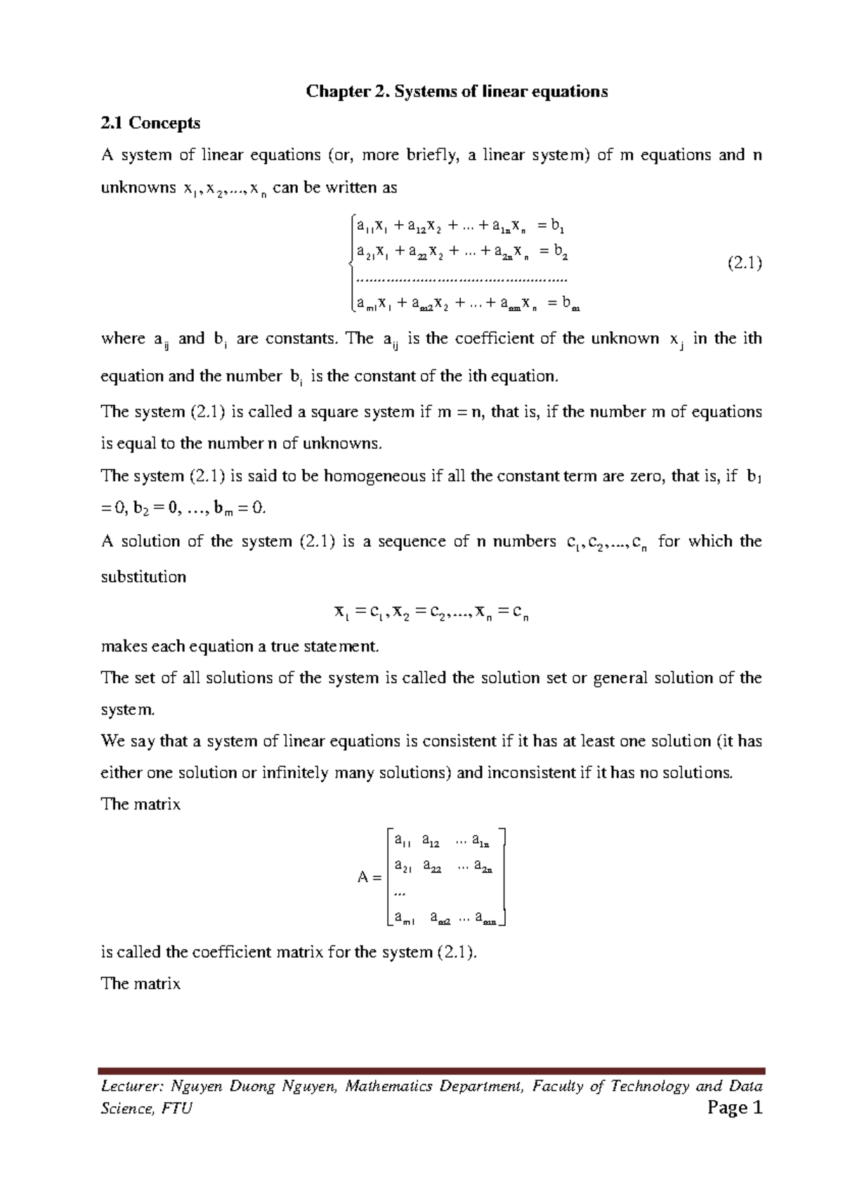 Chapter 2: Systems of Linear Equations - Concepts and Methods TCC - Studocu