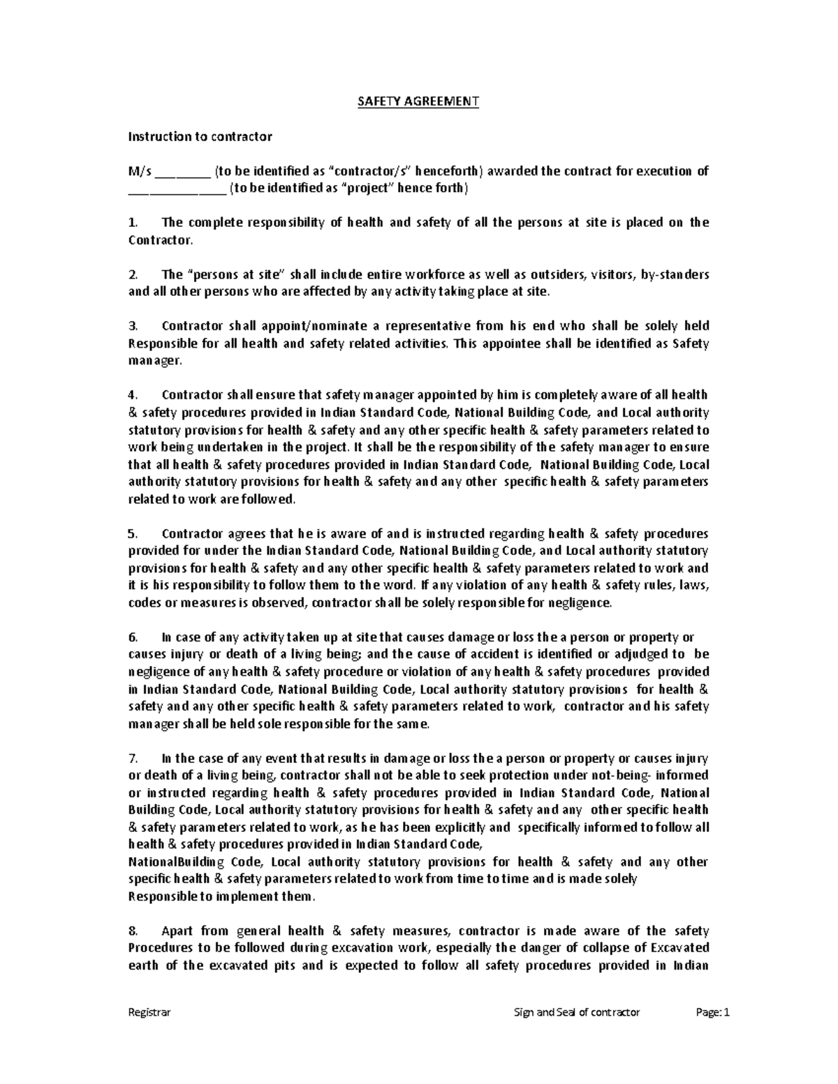 Fire safety agreement for contractors: health and safety ...