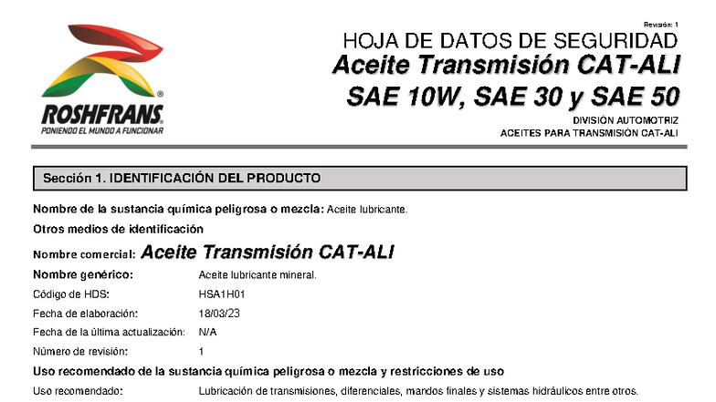 Hoja de Datos de Seguridad: Aceite Transmisión SAE 10W, 30 y 50W - Studocu