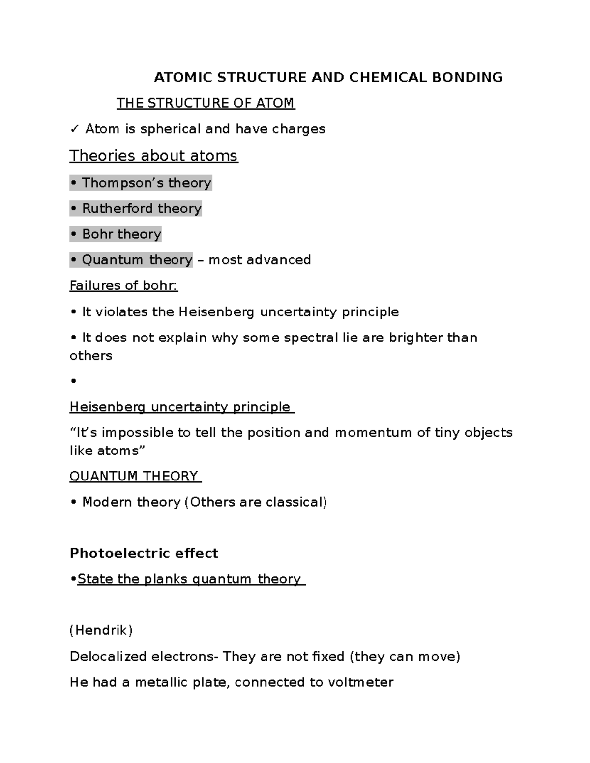 SCH 200 - Atomic Structure & Chemical Bonding Notes - Studocu