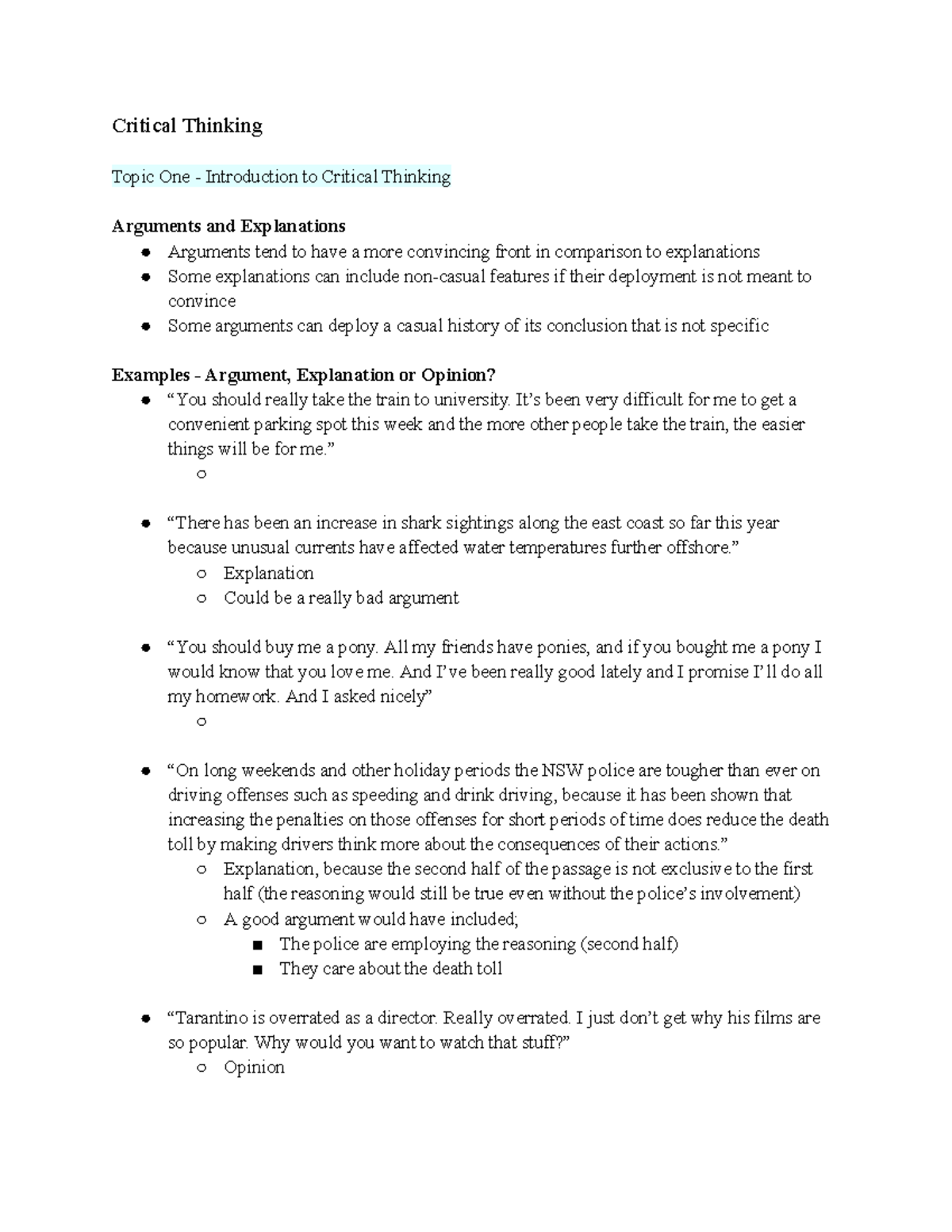 Critical Thinking Tutorial Notes: Arguments, Explanations & Types - Studocu