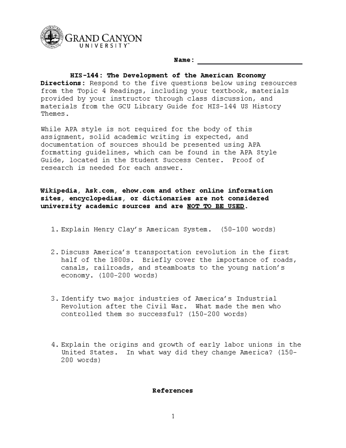 HIS-144 Week 4 Revised Assignment: US Economic Development Insights ...
