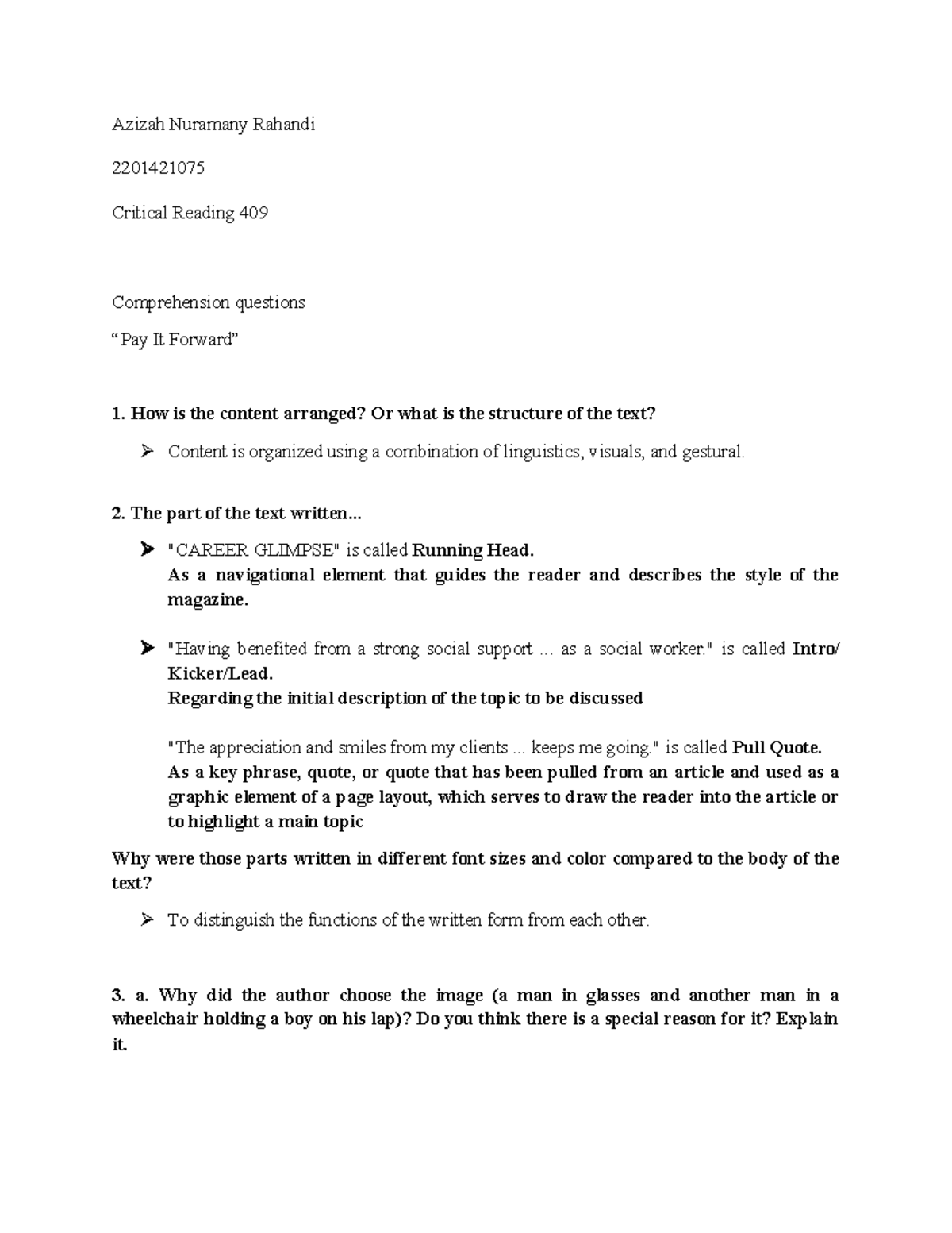 2201421075 Critical Reading 409 Comprehension Questions Analysis - Studocu
