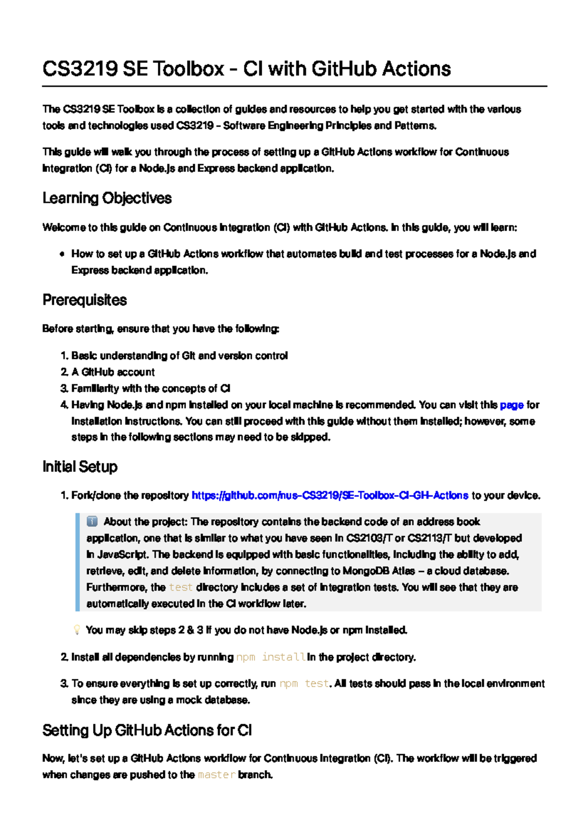 CS3219 SE Toolbox: CI Guide with GitHub Actions for Node.js - Studocu