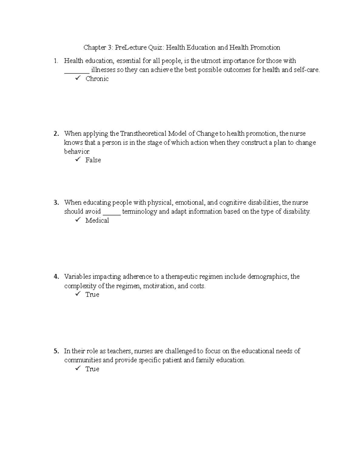 Pre-Lecture Quiz CH 3: Health Education & Promotion Essentials - Studocu
