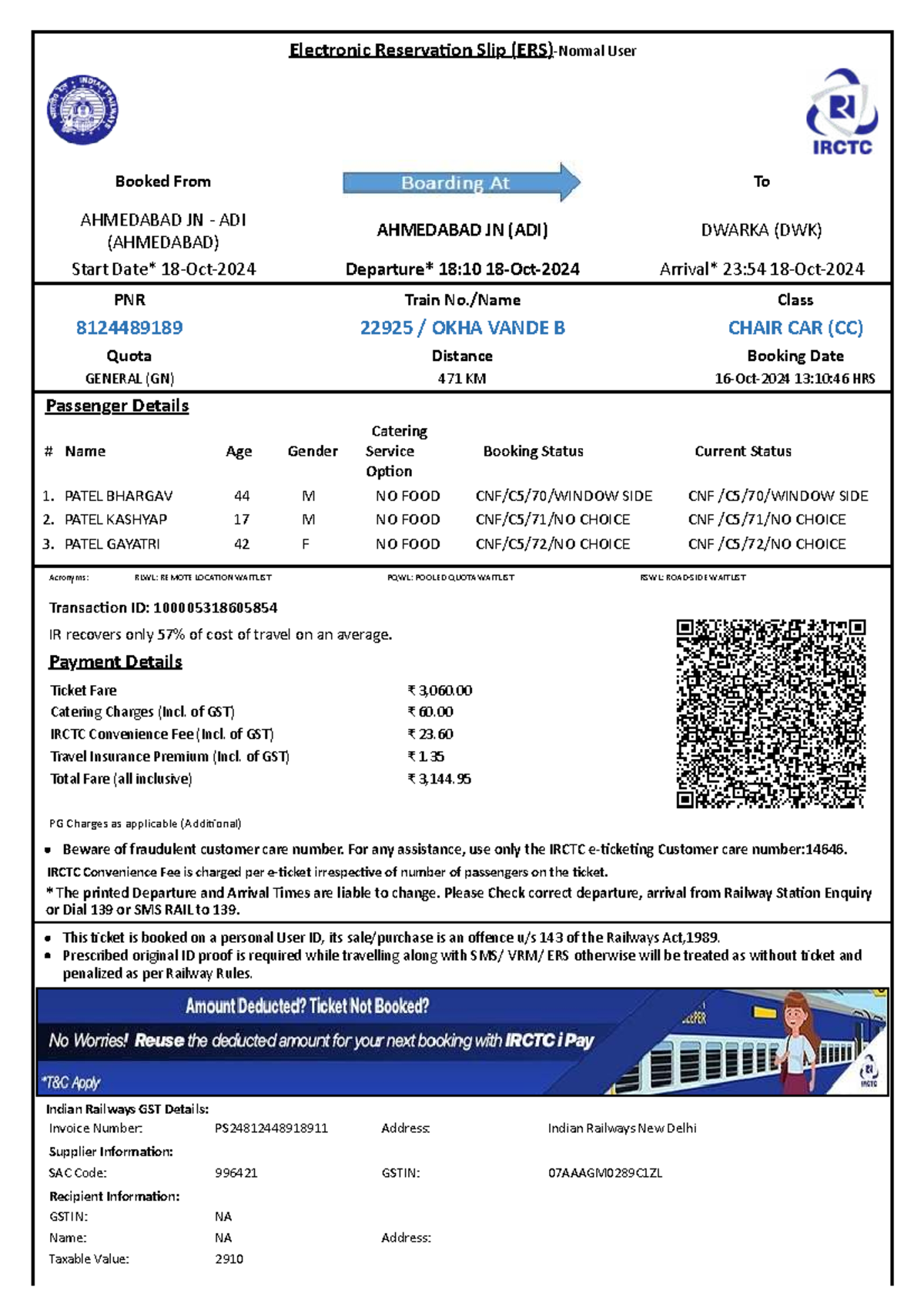 Electronic Reservation Slip: Ahmedabad JN to Dwarka (Train 22925) - Studocu