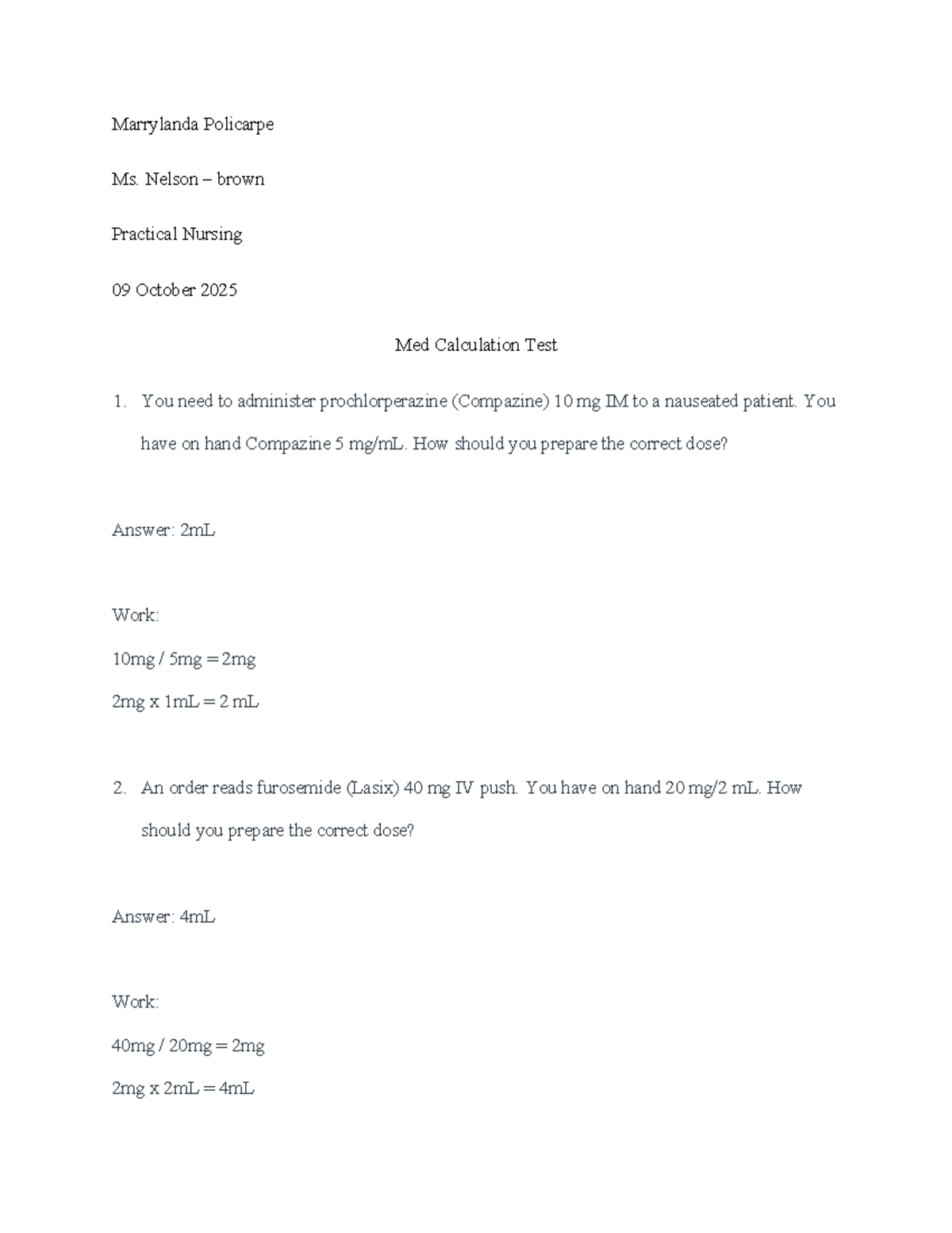 Med Calculation Test (PN 09 Oct 2025) - Official Questions 1-40 - Studocu