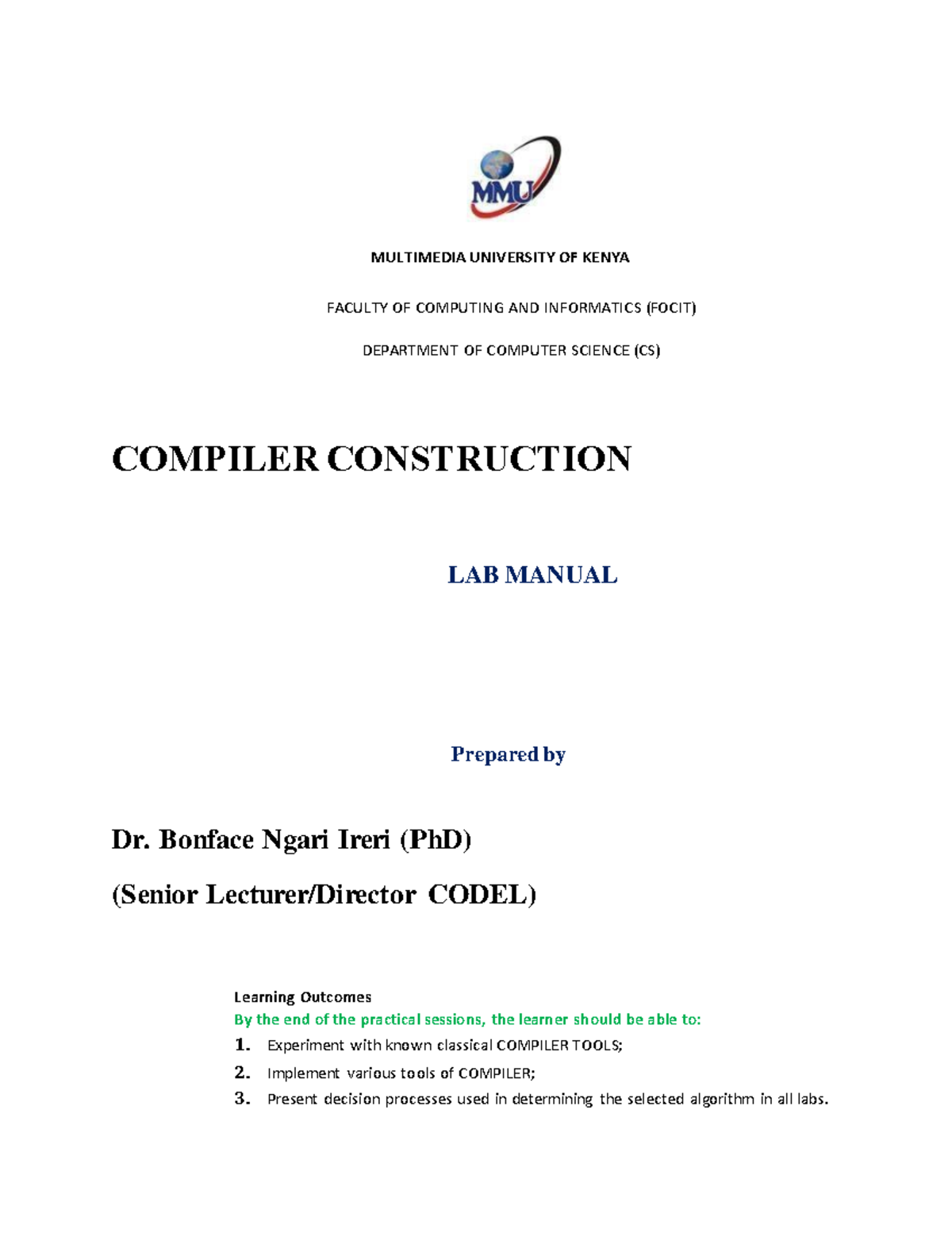 Compiler Construction Lab 2: Lexical Analyzer Implementation - Studocu