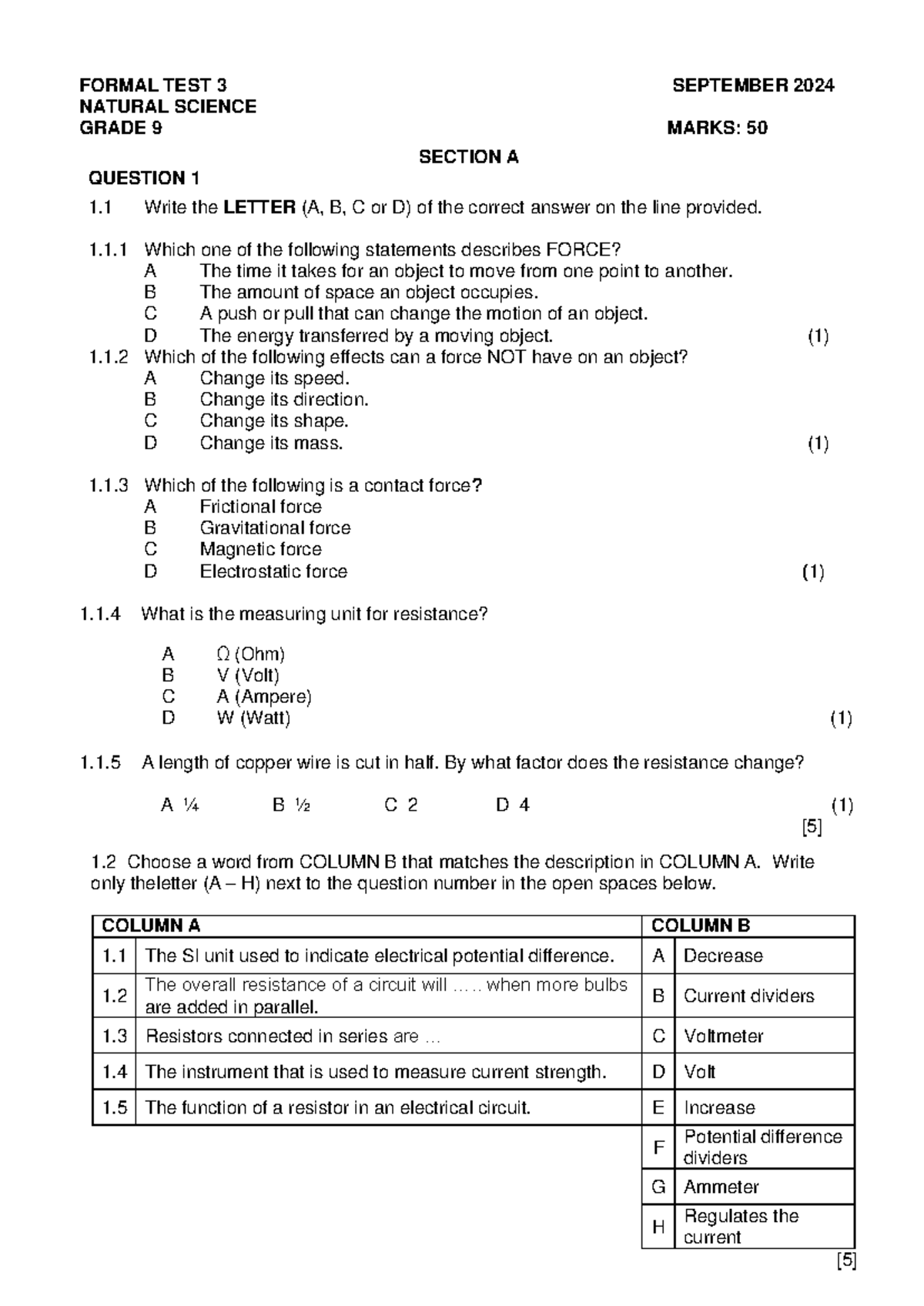 NS Gr9 Formal Test 3: Natural Science September 2024 - Studocu