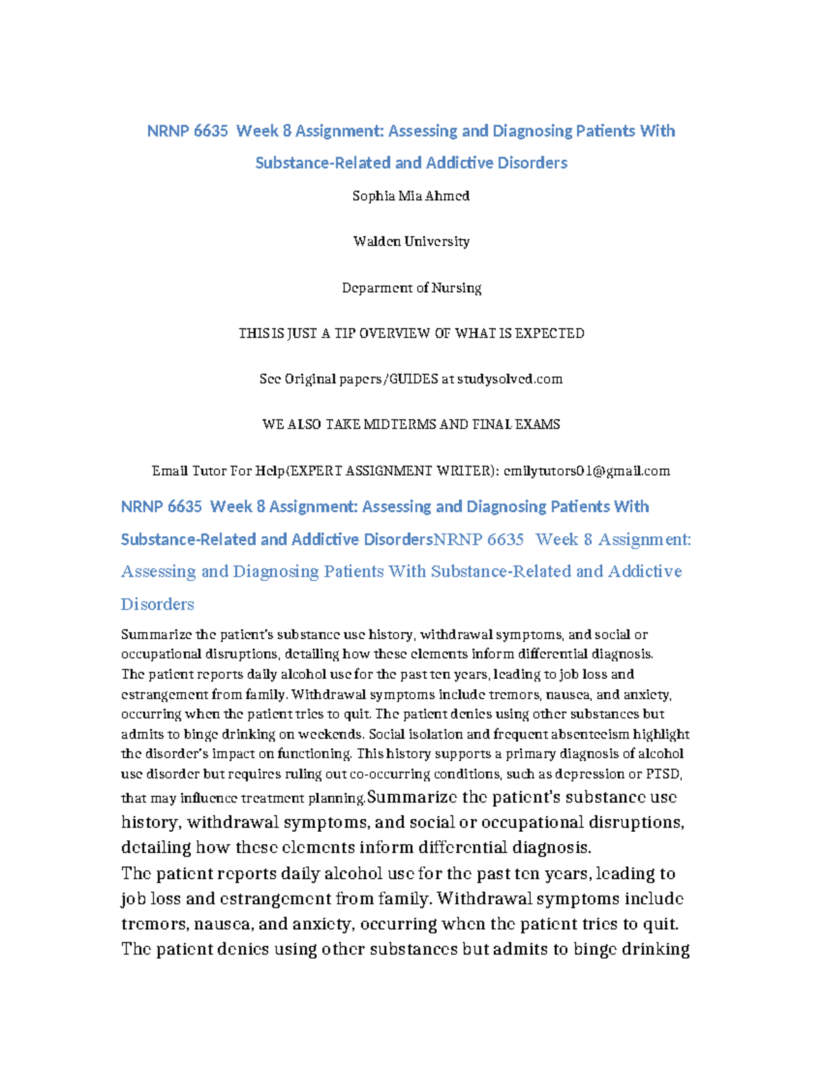 NRNP 6635 Week 8 Assignment Assessing and Diagnosing Patients With ...