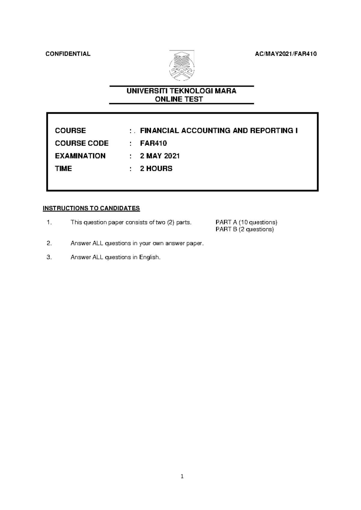 FAR Online Test - Financial Accounting and Reporting I - May 2021 - Studocu