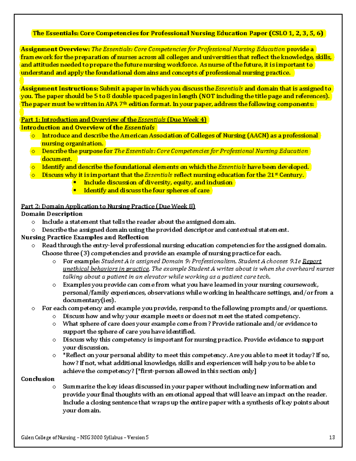 Core Competencies in Professional Nursing Education (CSLO 1, 2, 3, 5, 6 ...