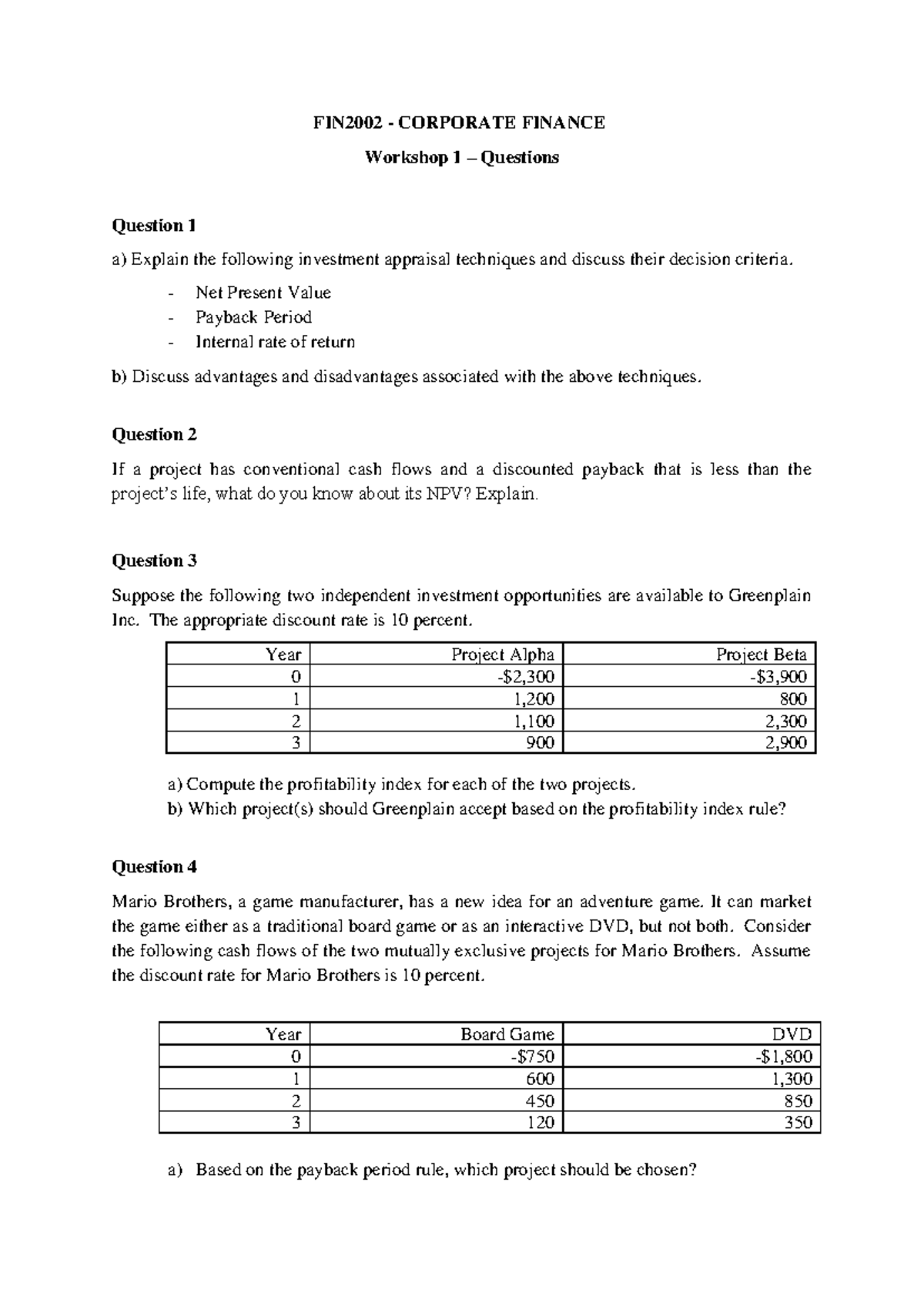FIN 2002 - Workshop 01 Q&A Lecture Notes Week 1 Corporate Finance - Studocu