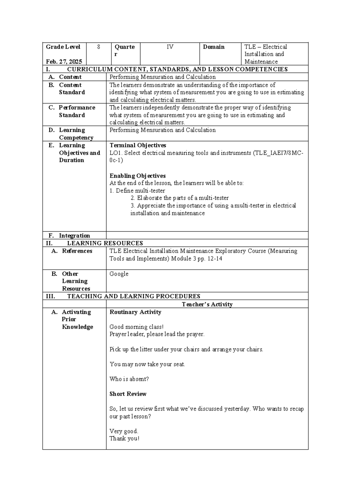 LP 3.1 - Lesson Plan for TLE Electrical Installation & Maintenance ...