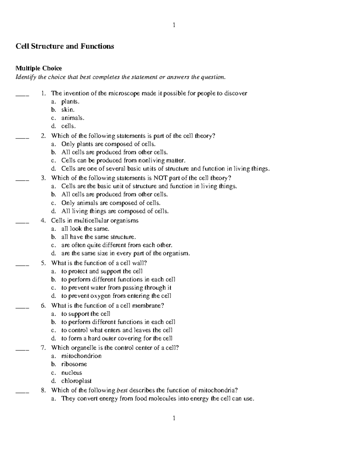 344736657 Practice Test: Chapter 3 on Cell Structure & Function - Studocu