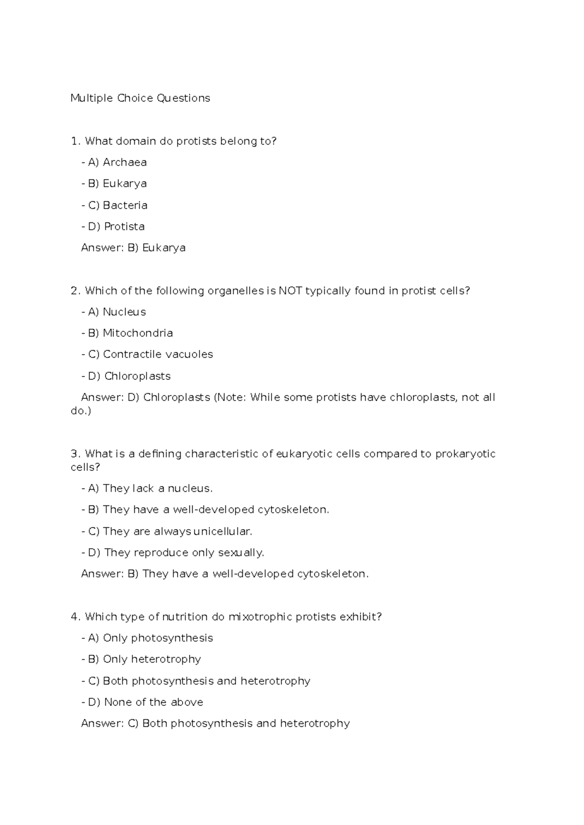 BIO 102 Protists Midterm Q&A: Key Concepts and Answers - Studocu
