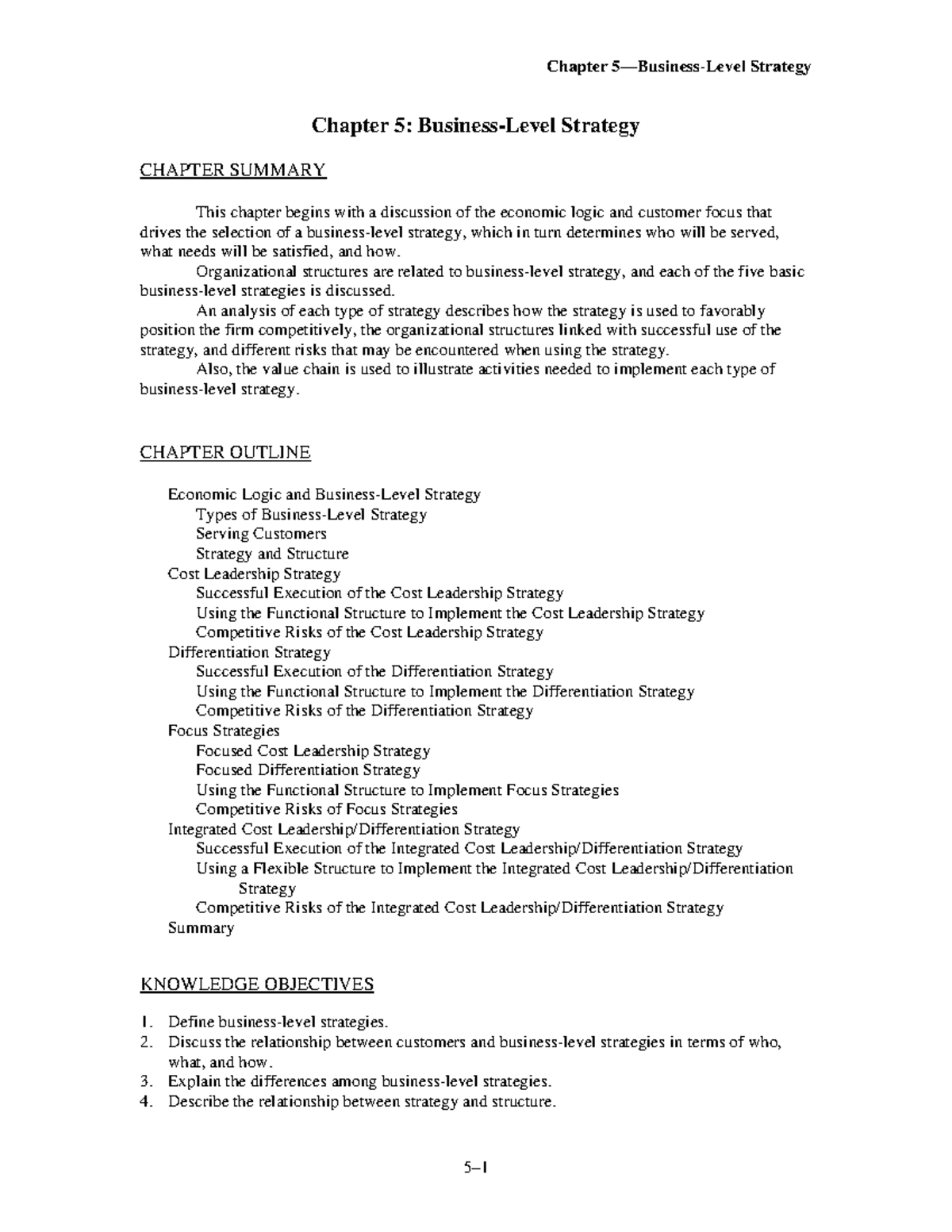 Chapter 5 Business Level Strategy - Chapter 5: Business-Level Strategy ...