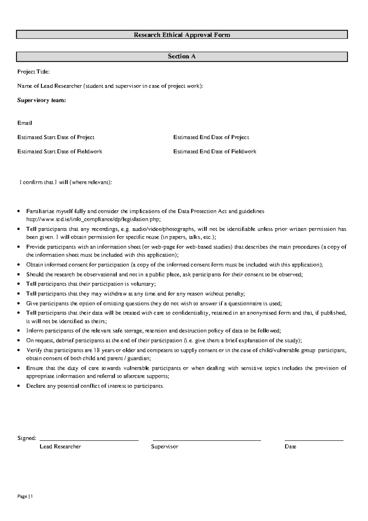 Research Ethical Approval Form Template for EC Course - Studocu