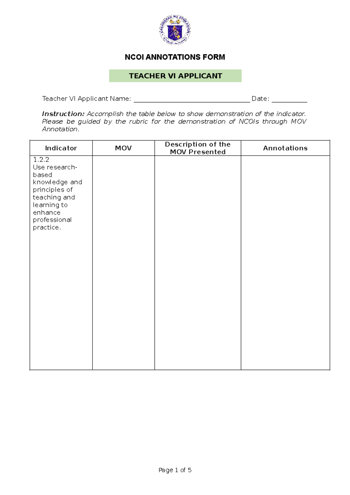 NCOI Annotations Form for Teacher VI Applicant Evaluation - Studocu