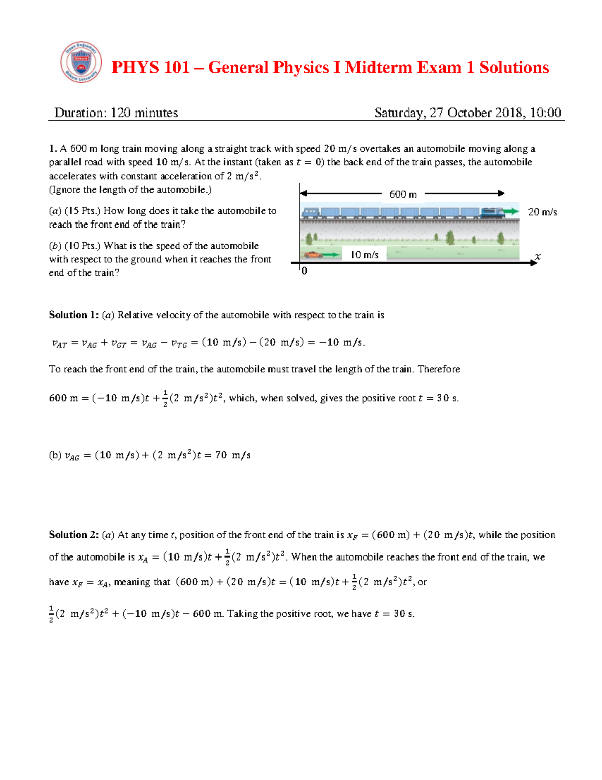 Exam 27 October 2018, answers - PHYS 101 – General Physics I Midterm ...