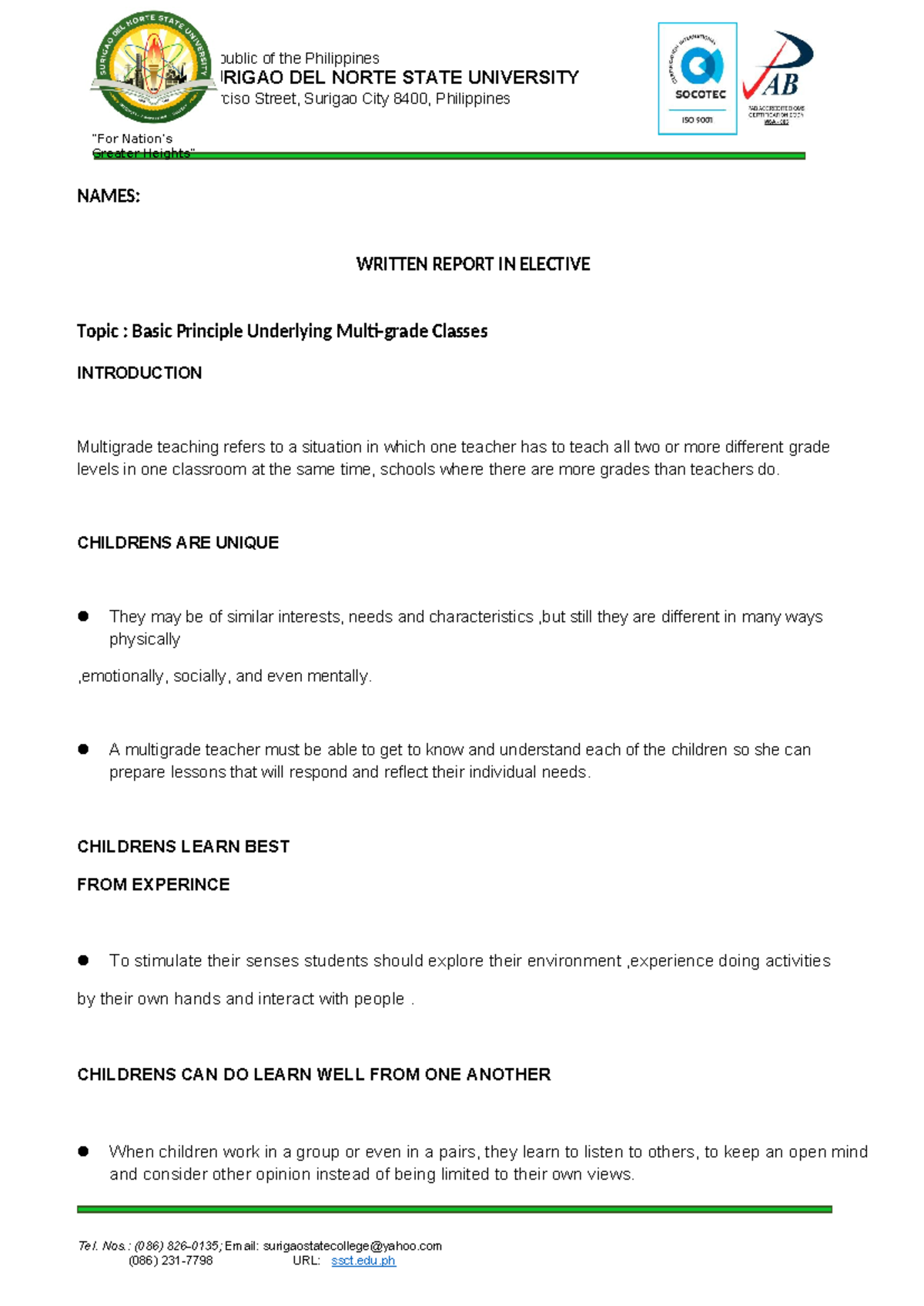 Elective Handouts: Midterm Report on Multigrade Teaching Principles ...
