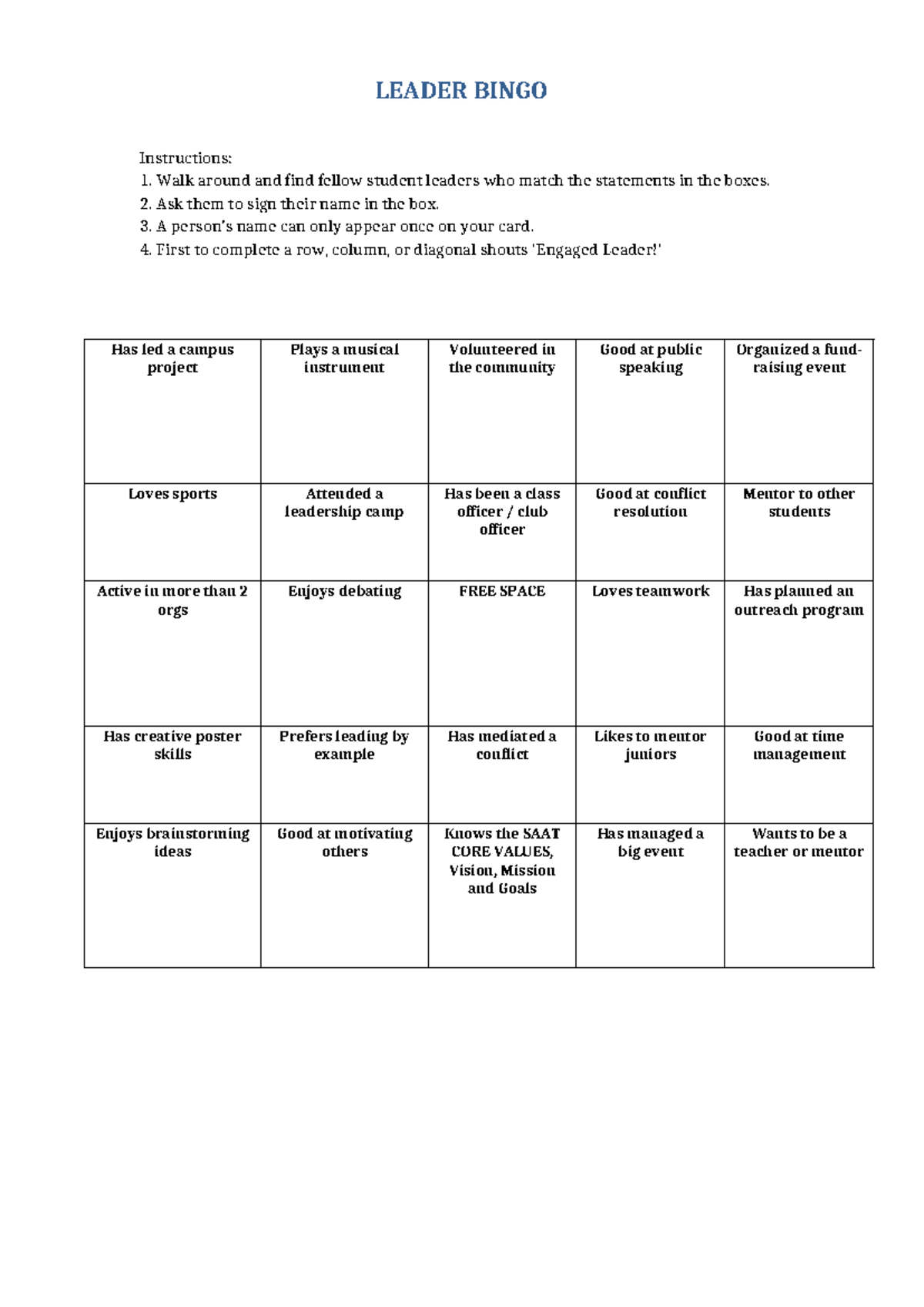 LEADER BINGO Activity Instructions for Student Leaders - Studocu