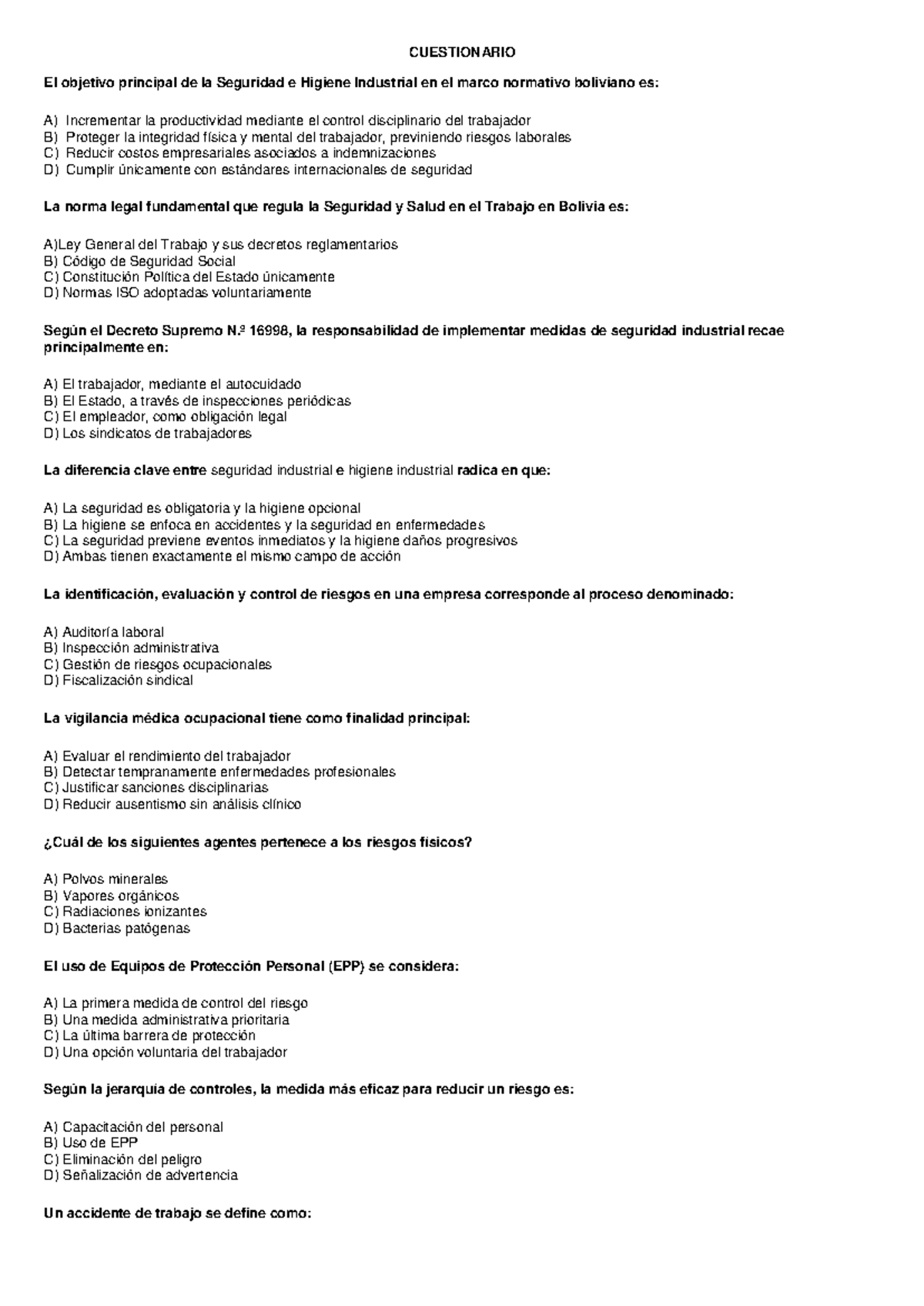 Cuestionario de Seguridad e Higiene Industrial - CUESTIONARIO - Studocu