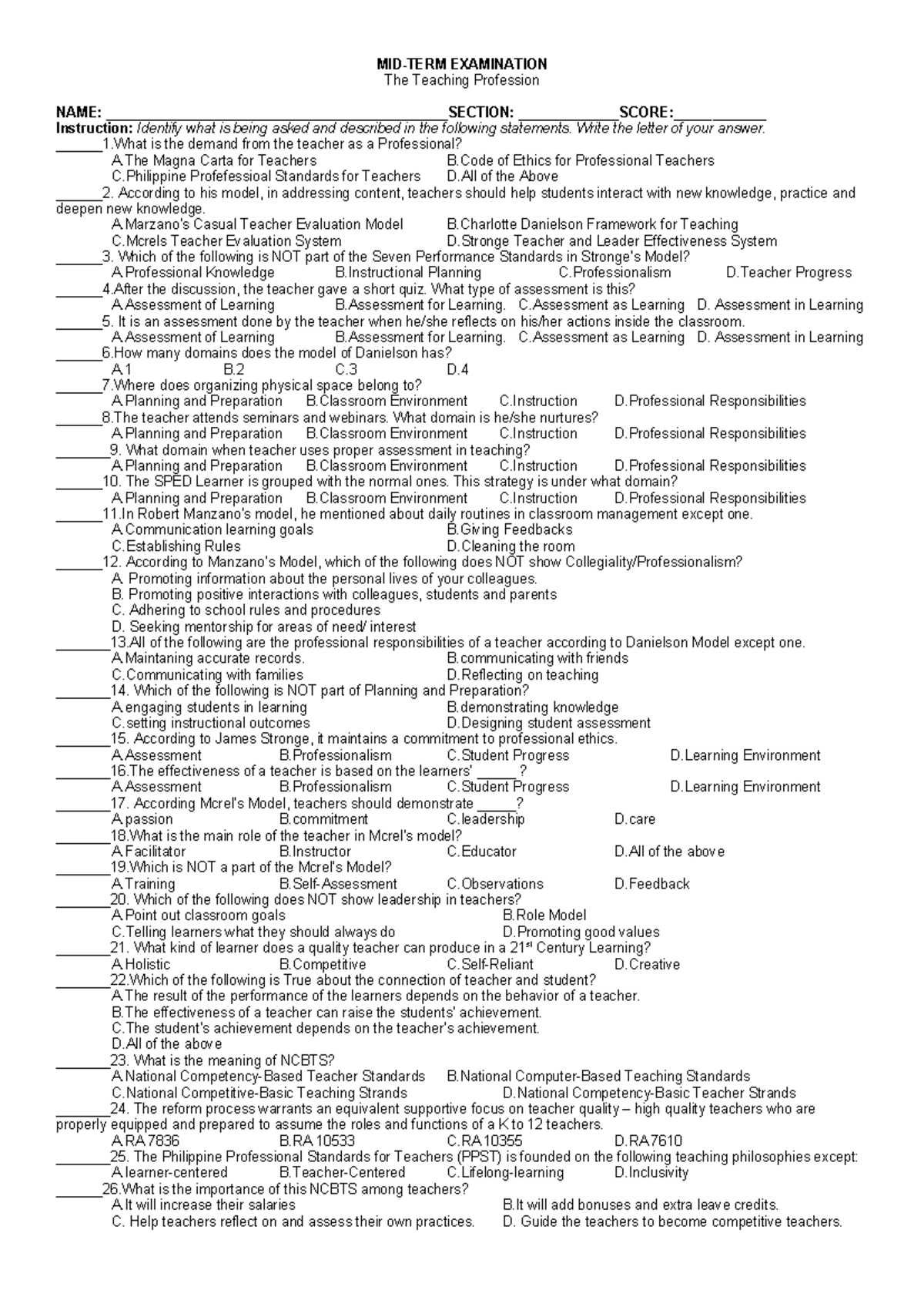 MIDTERM Exam in the Teaching Profession: Key Concepts & Models - Studocu