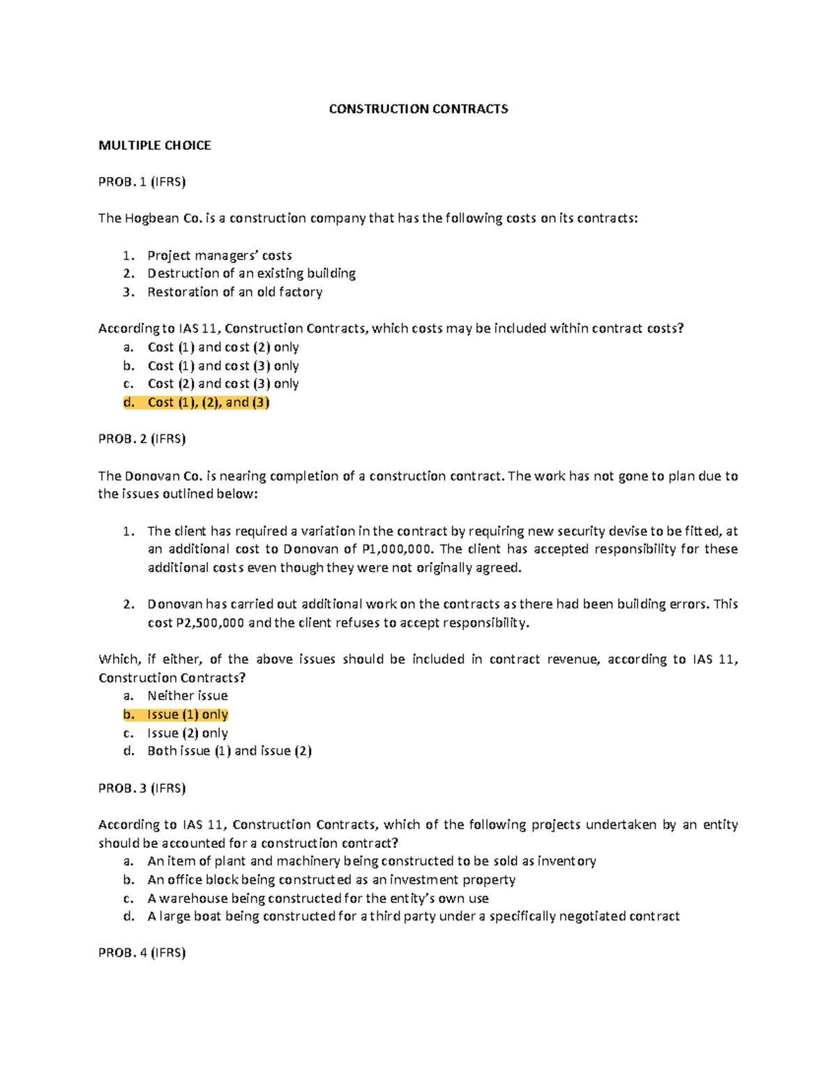 Construction Contracts Prac 2 - Multiple Choice Problems 2020 - Studocu
