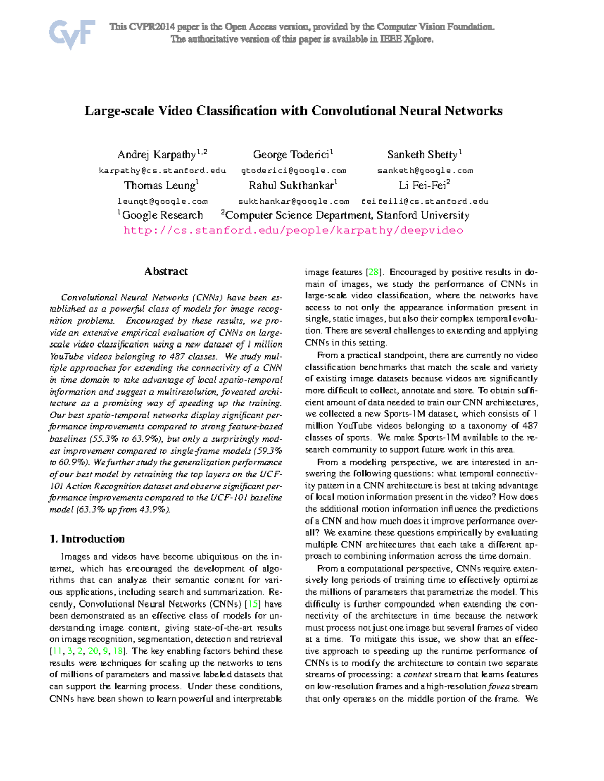 CNN research paper - Large-scale Video Classification with ...