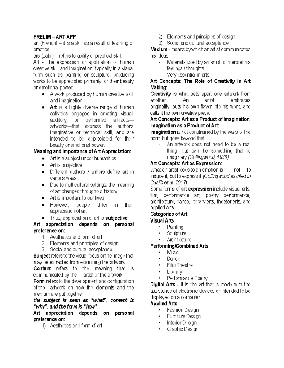 Prelim-ART APP: Art Appreciation Lecture Notes for Prelim Period - Studocu