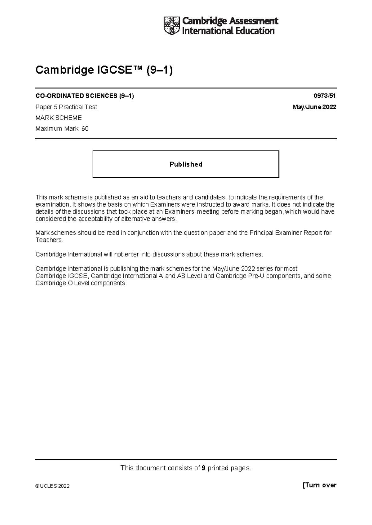 Mark Scheme for Cambridge IGCSE Co-Ordinated Sciences (0973) - Paper 5 ...