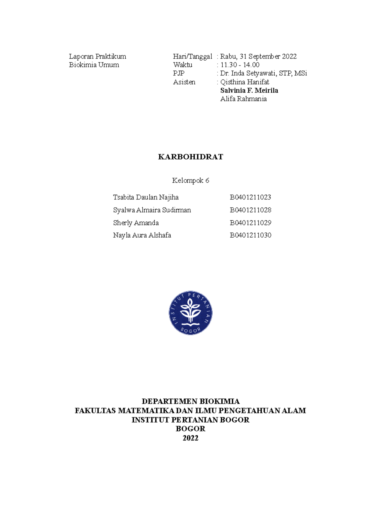 Laporan Praktikum Biokimia Umum: Uji Karbohidrat (2022) - Document Preview