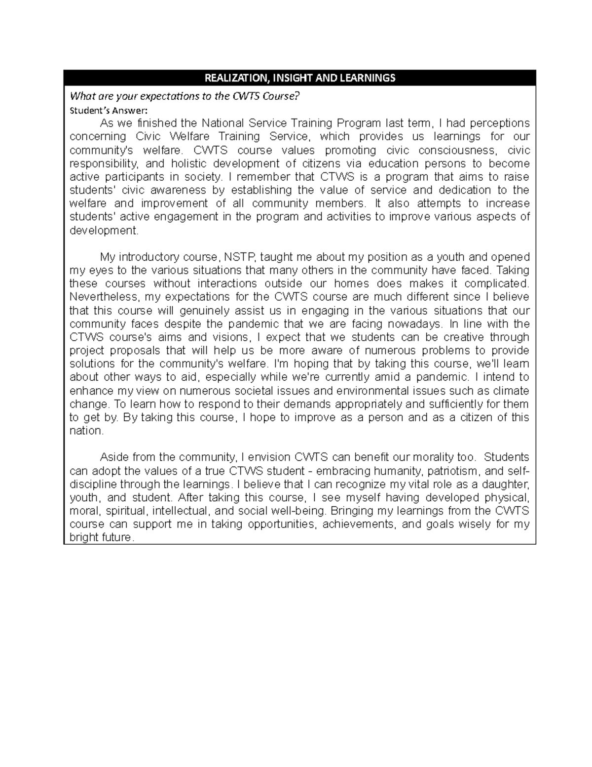 CWTS101 Essay #1: Expectations and Insights on Civic Welfare Training ...