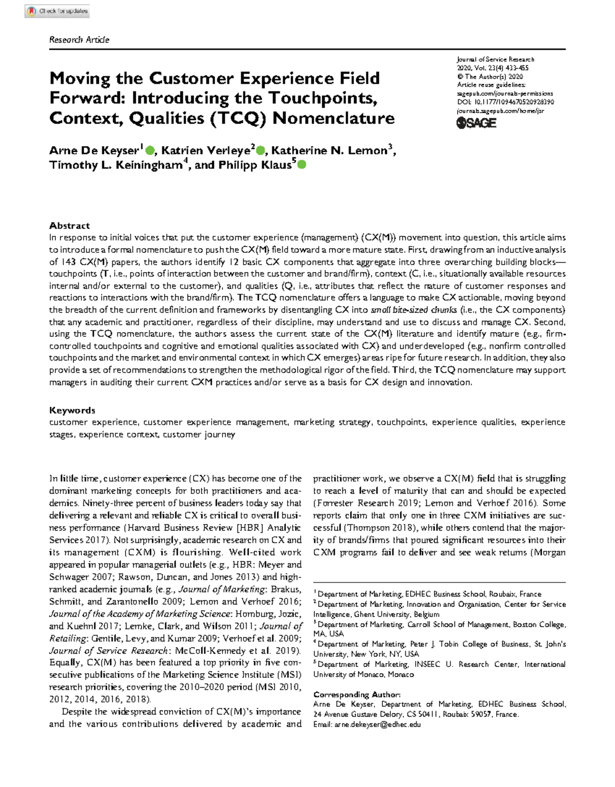 Moving the Customer Experience Field Forward: The TCQ Framework - Studocu