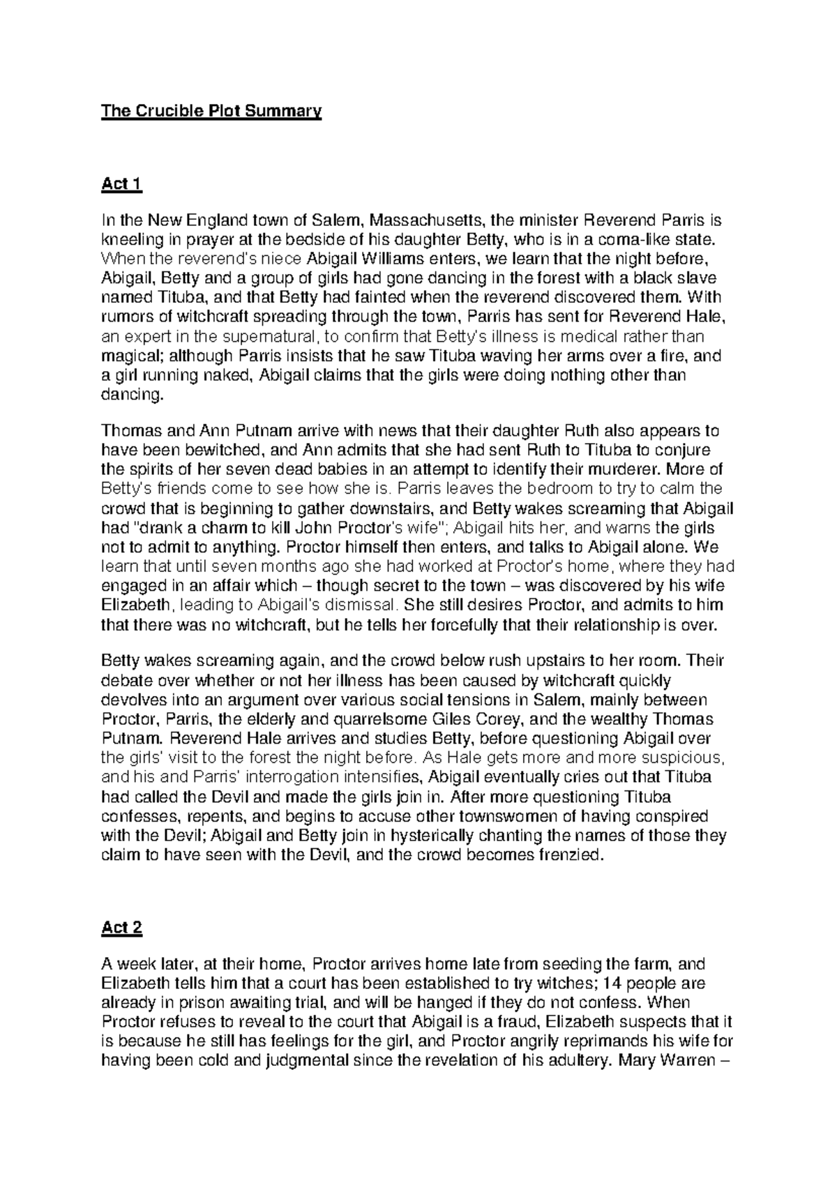 The Crucible (ENG 101) Act 1-4 Plot Summary and Analysis - Studocu