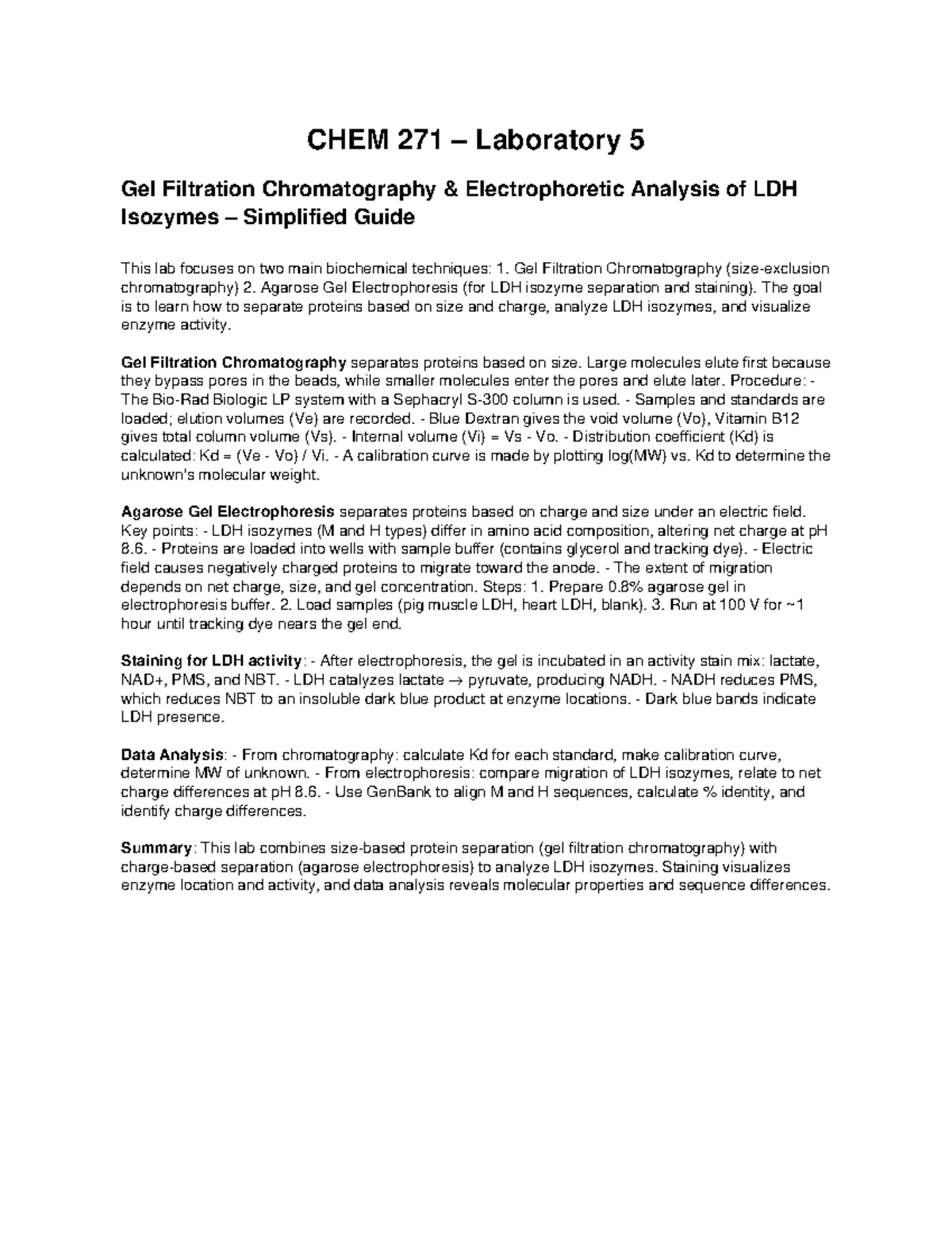 CHEM 271 Lab 5: Gel Filtration & Electrophoresis of LDH Isozymes Guide ...