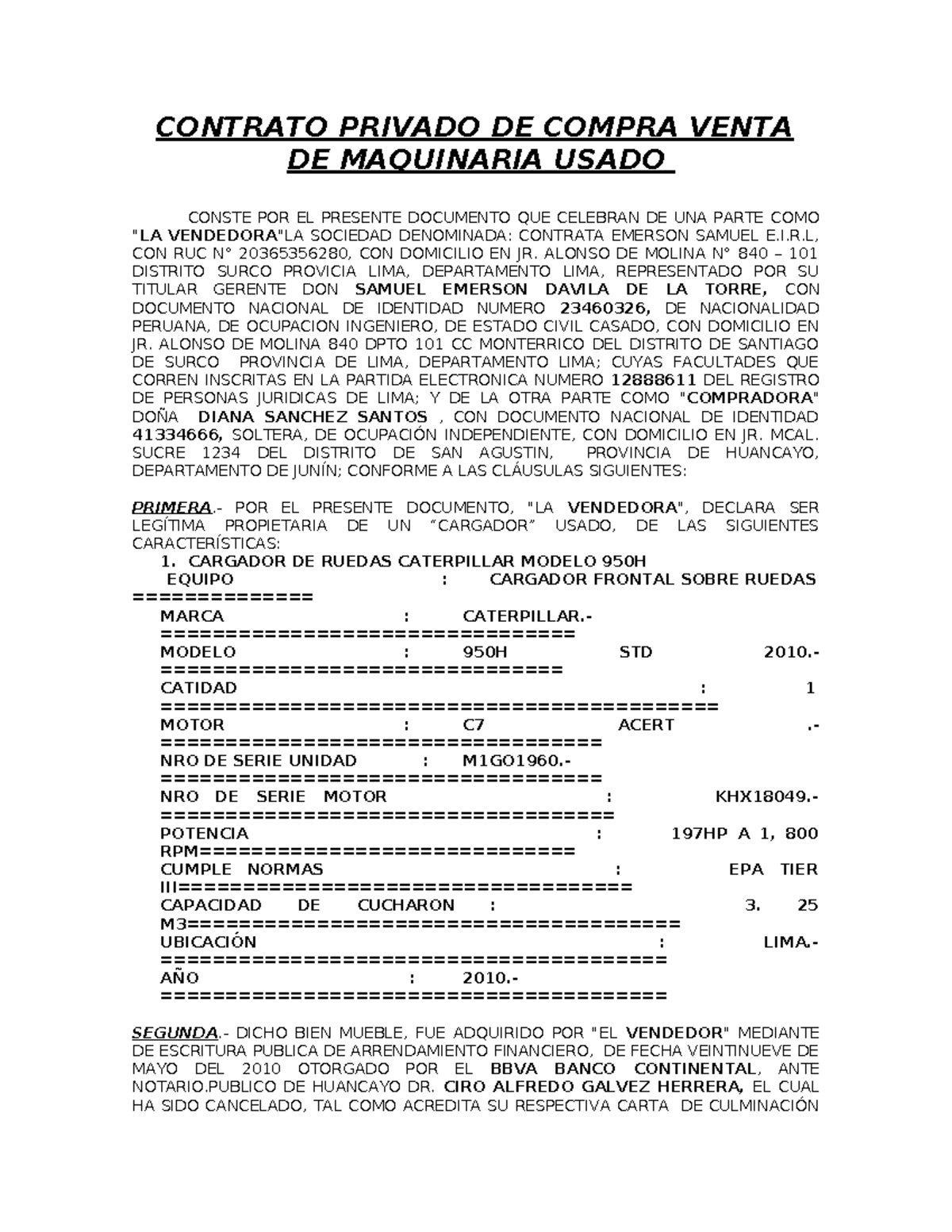 BBVA Contrato Privado de Compra Venta de Maquinaria Usada 2018 - Document Preview