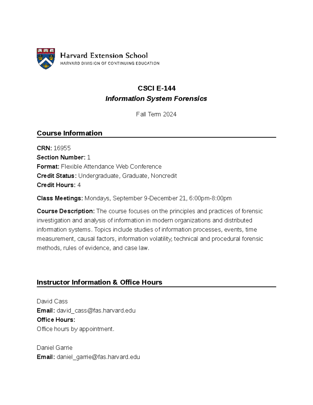 CSCI E-144: Syllabus for Information System Forensics Course - Studocu