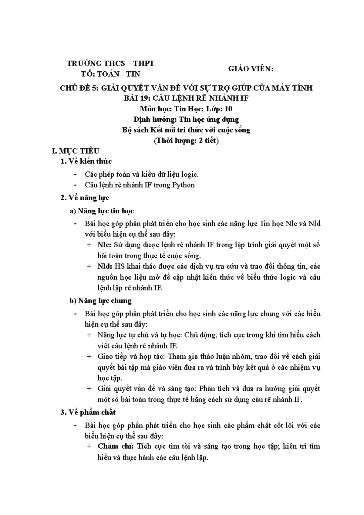 Mẫu BTVN Tuần 2: Câu Lệnh Rẽ Nhánh IF trong Python - Lớp 10 - Studocu
